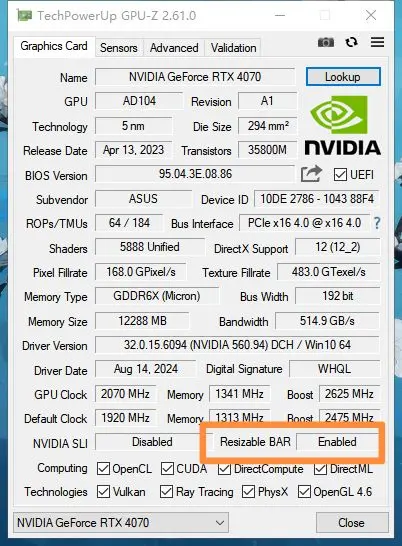 GPU-Z 中 Re-Size BAR 已启用